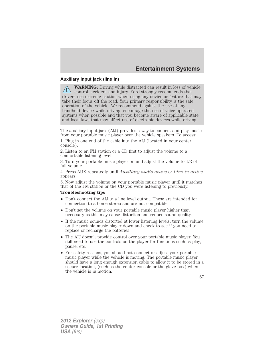 Auxiliary input jack (line in), Entertainment systems | FORD 2012 Explorer v.1 User Manual | Page 57 / 439