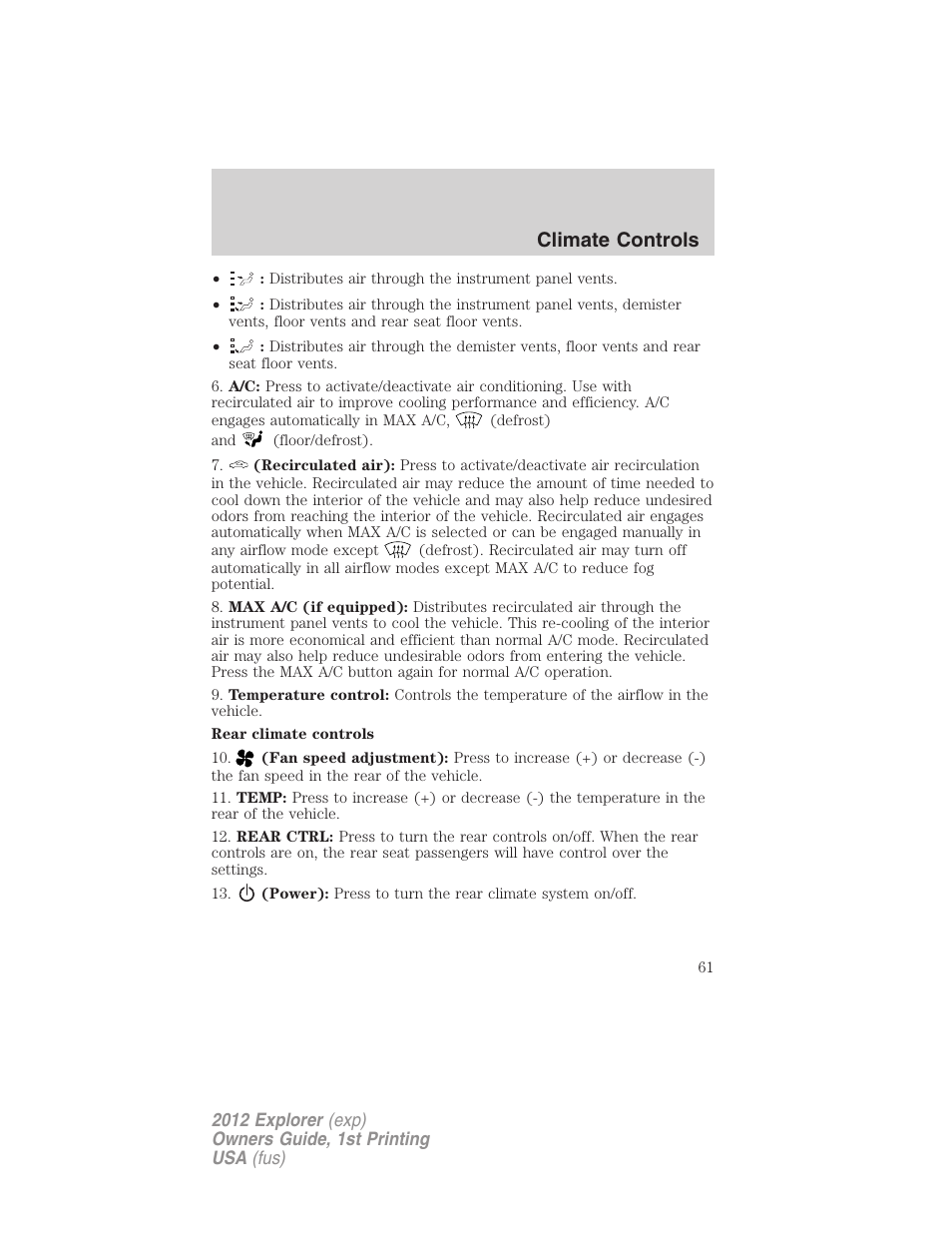 Climate controls | FORD 2012 Explorer v.1 User Manual | Page 61 / 439