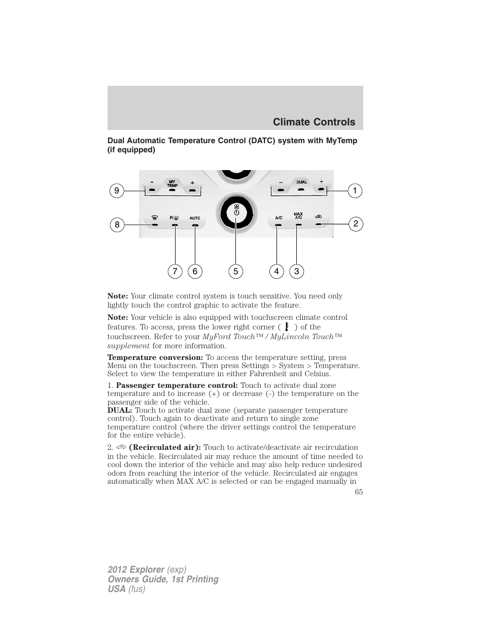 Climate controls | FORD 2012 Explorer v.1 User Manual | Page 65 / 439