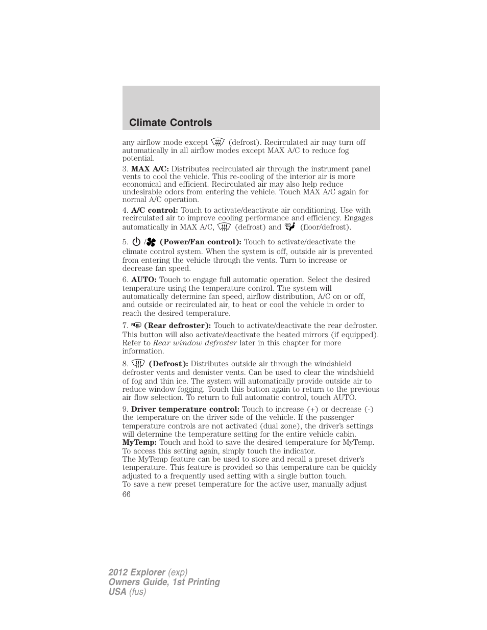 Climate controls | FORD 2012 Explorer v.1 User Manual | Page 66 / 439