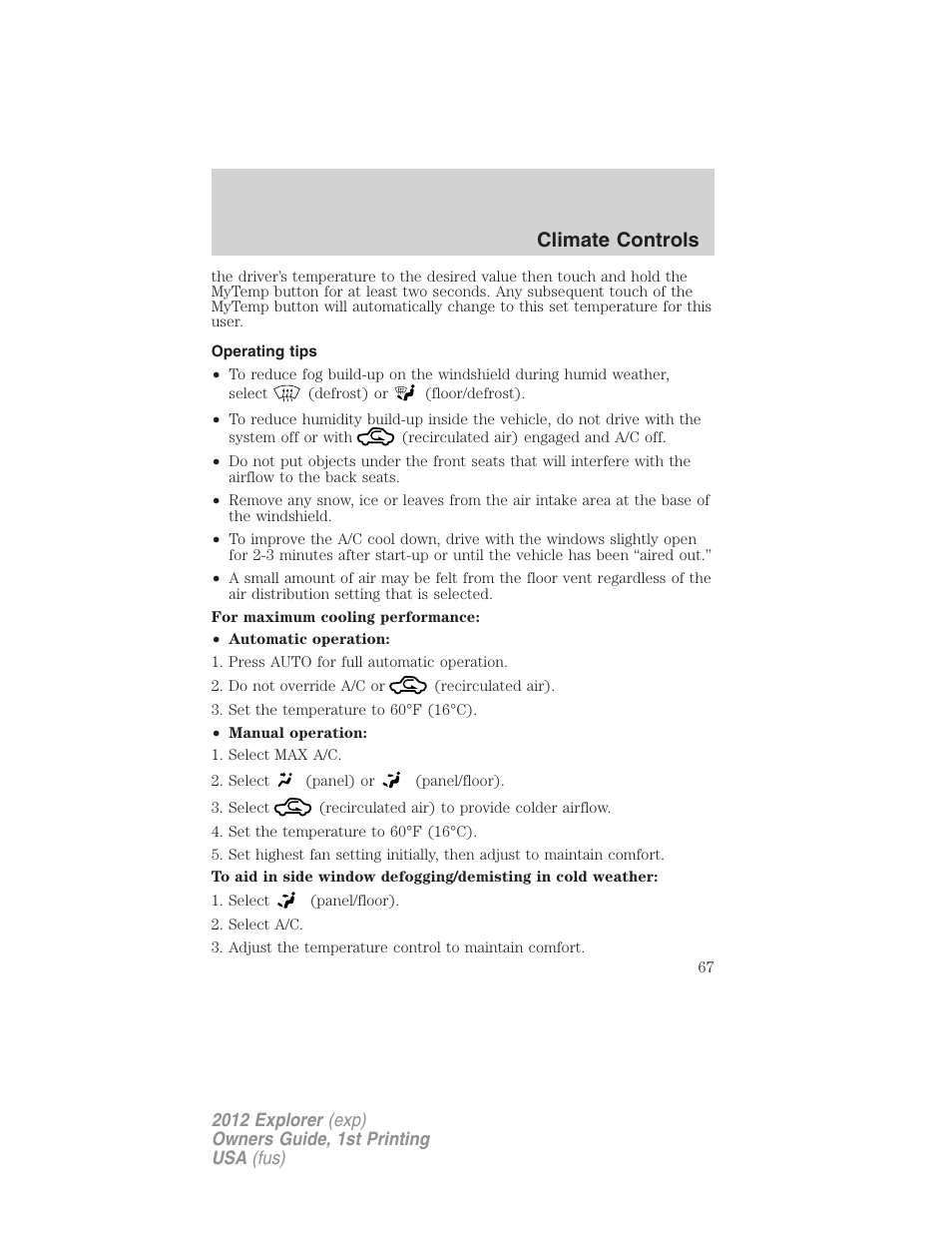Operating tips, Climate controls | FORD 2012 Explorer v.1 User Manual | Page 67 / 439