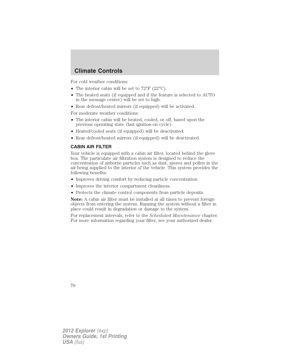 Cabin air filter, Climate controls | FORD 2012 Explorer v.1 User Manual | Page 70 / 439