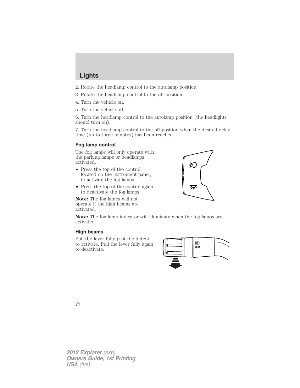 Fog lamp control, High beams, Lights | FORD 2012 Explorer v.1 User Manual | Page 72 / 439