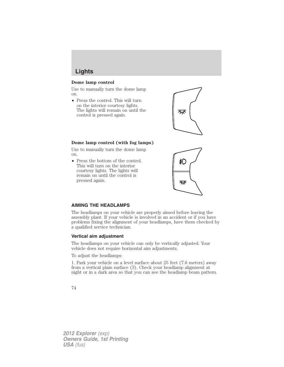 Aiming the headlamps, Vertical aim adjustment, Lights | FORD 2012 Explorer v.1 User Manual | Page 74 / 439