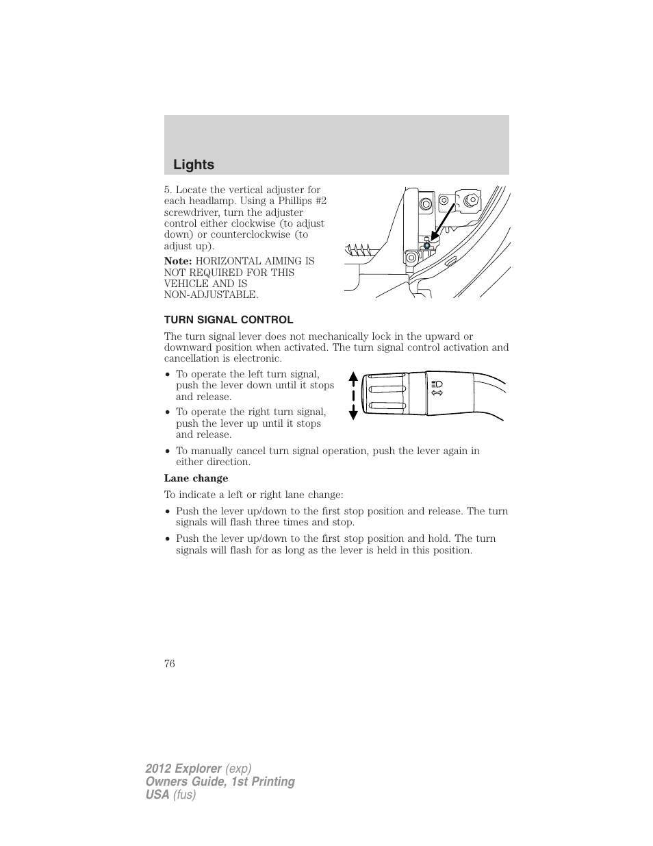 Turn signal control, Lights | FORD 2012 Explorer v.1 User Manual | Page 76 / 439