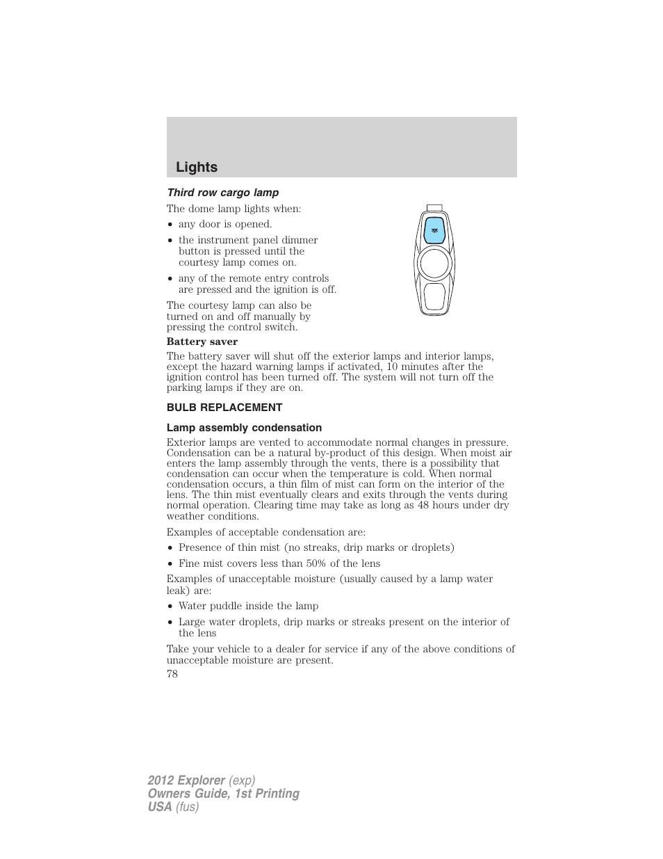 Third row cargo lamp, Bulb replacement, Lamp assembly condensation | Lights | FORD 2012 Explorer v.1 User Manual | Page 78 / 439
