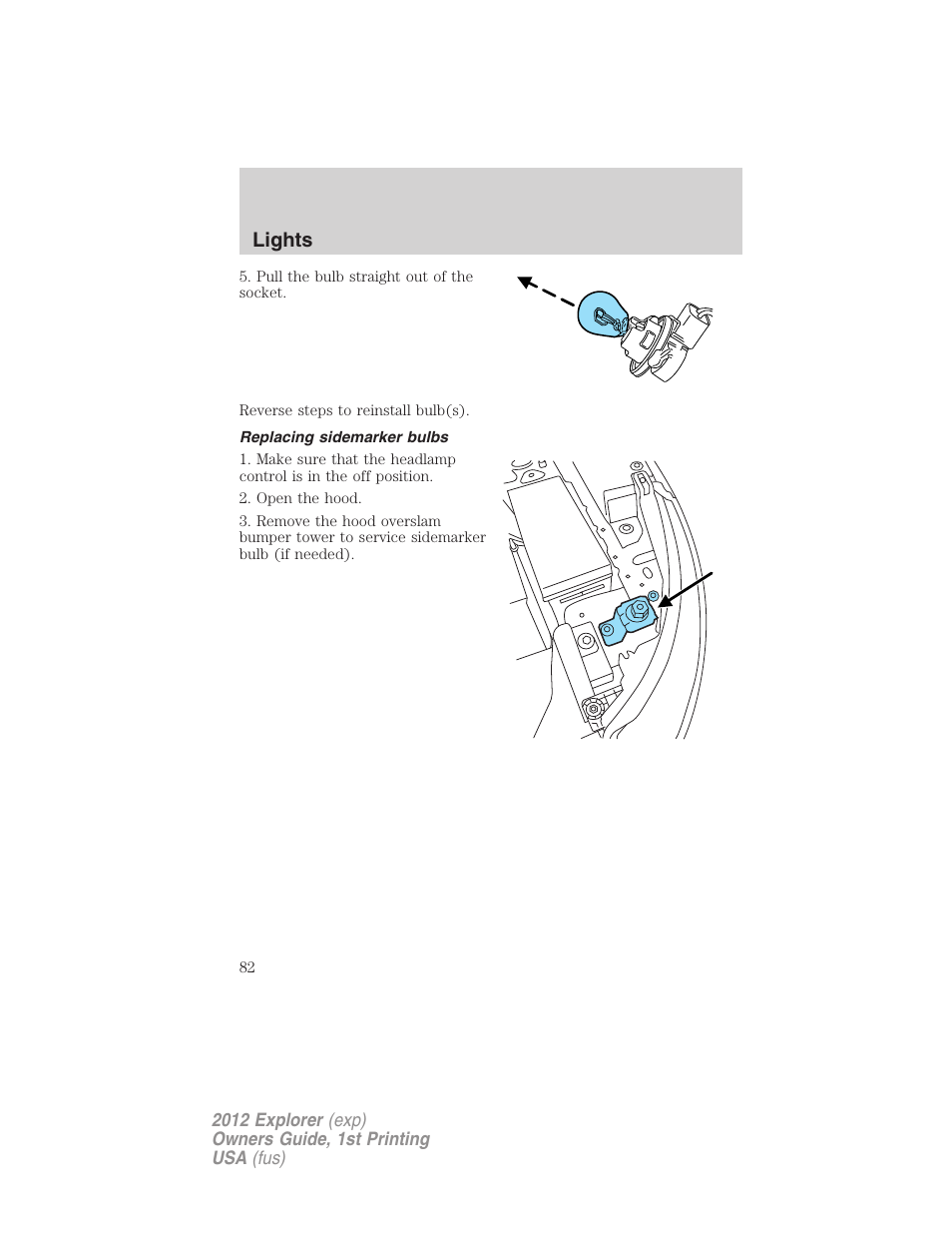 Replacing sidemarker bulbs, Lights | FORD 2012 Explorer v.1 User Manual | Page 82 / 439