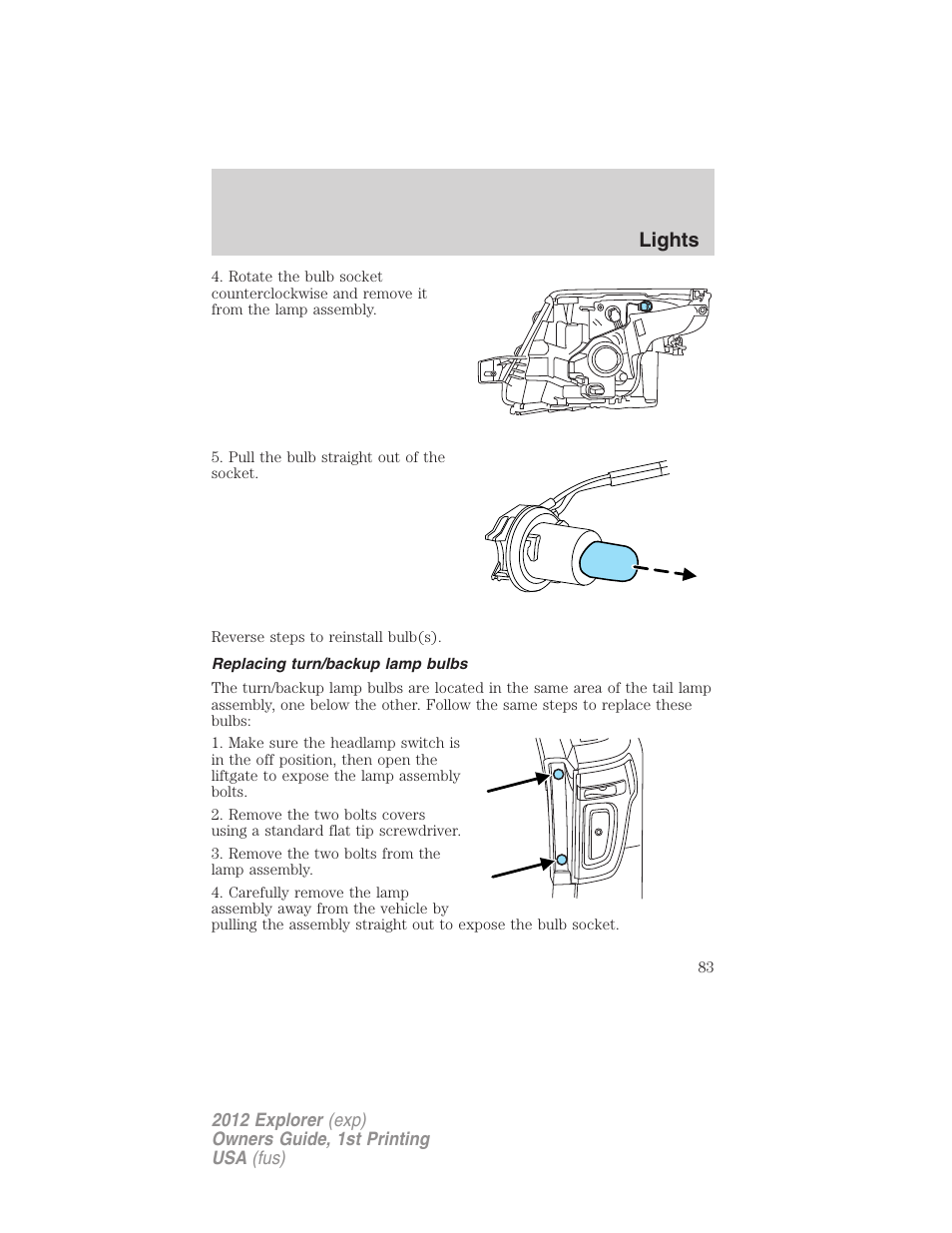 Replacing turn/backup lamp bulbs, Lights | FORD 2012 Explorer v.1 User Manual | Page 83 / 439