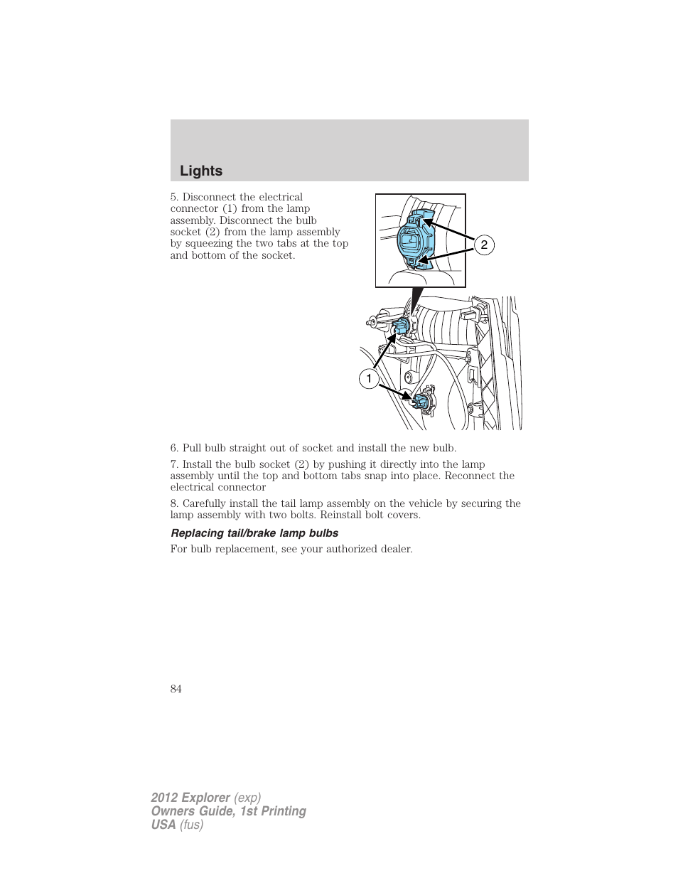 Replacing tail/brake lamp bulbs, Lights | FORD 2012 Explorer v.1 User Manual | Page 84 / 439