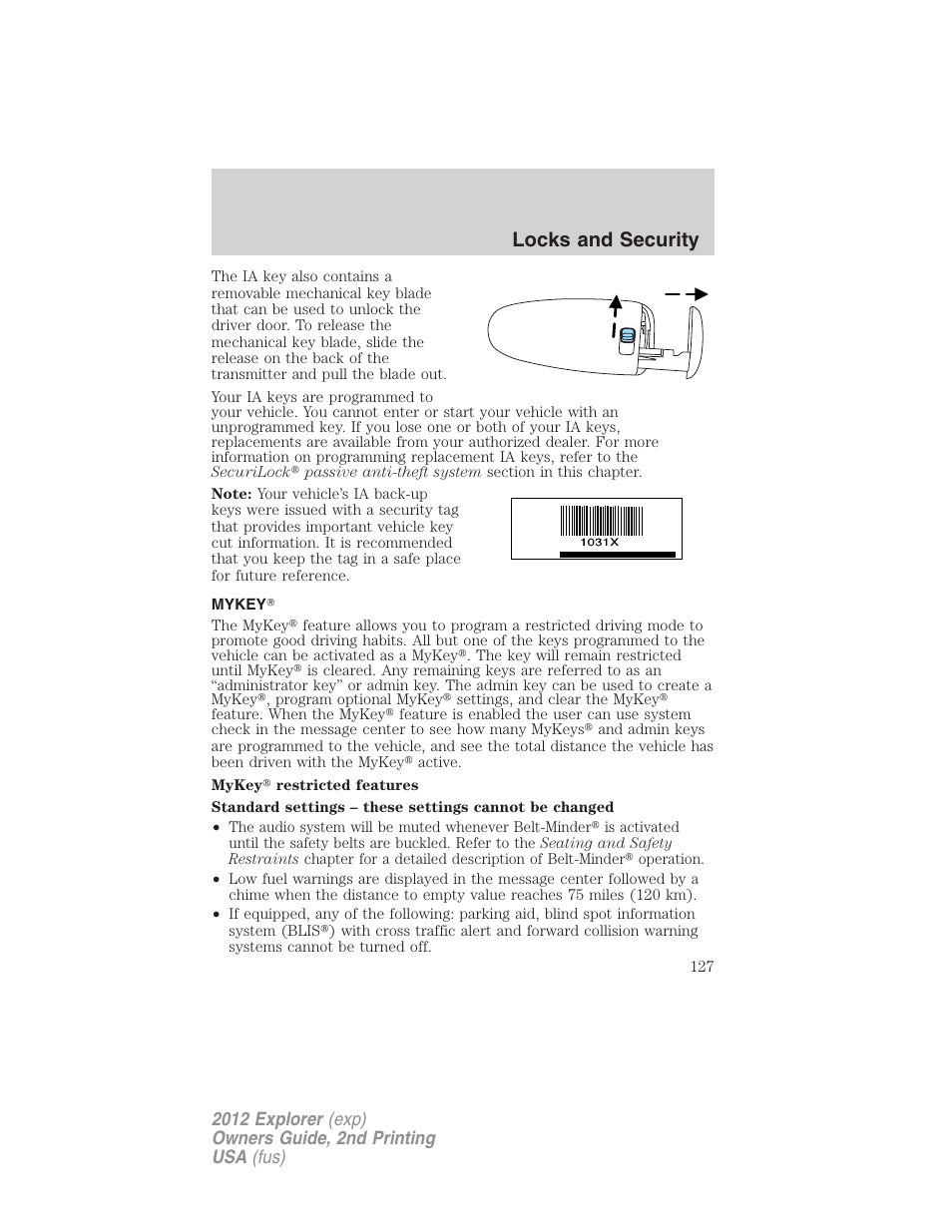 Mykey, Locks and security | FORD 2012 Explorer v.2 User Manual | Page 127 / 438