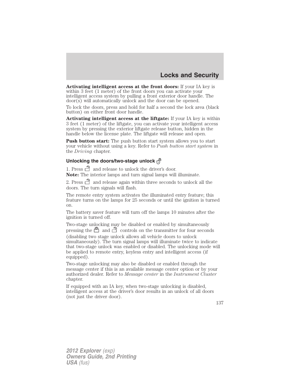 Unlocking the doors/two-stage unlock, Locks and security | FORD 2012 Explorer v.2 User Manual | Page 137 / 438