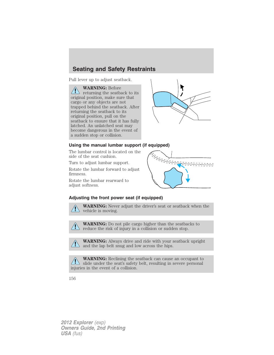 Using the manual lumbar support (if equipped), Adjusting the front power seat (if equipped), Seating and safety restraints | FORD 2012 Explorer v.2 User Manual | Page 156 / 438