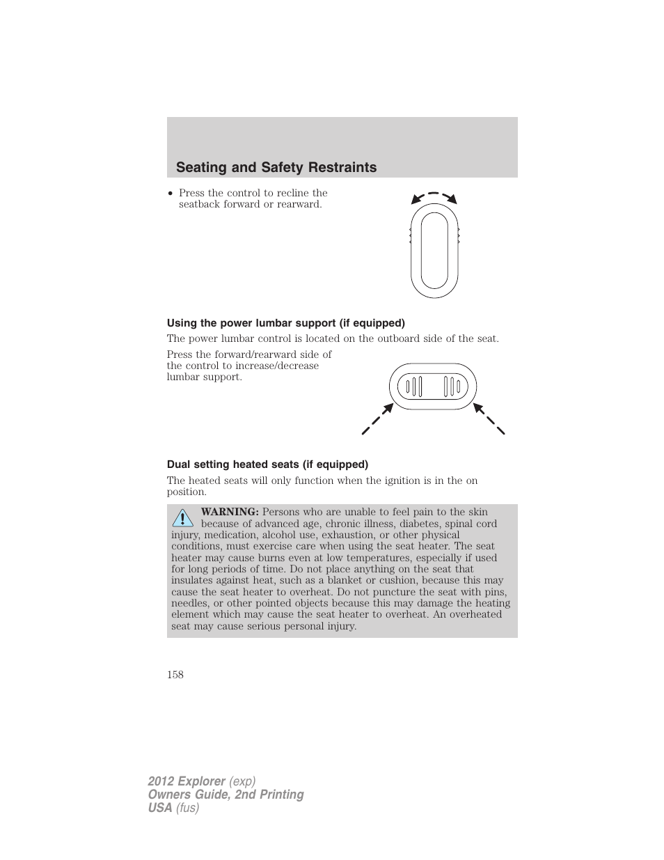 Using the power lumbar support (if equipped), Dual setting heated seats (if equipped), Seating and safety restraints | FORD 2012 Explorer v.2 User Manual | Page 158 / 438