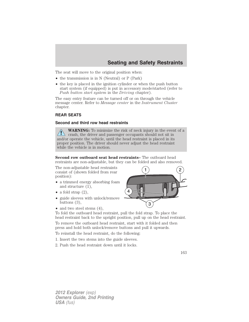 Rear seats, Second and third row head restraints, Seating and safety restraints | FORD 2012 Explorer v.2 User Manual | Page 163 / 438