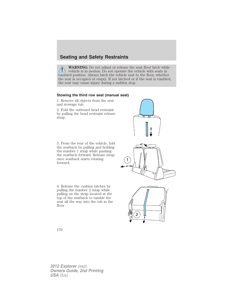 Stowing the third row seat (manual seat), Seating and safety restraints | FORD 2012 Explorer v.2 User Manual | Page 170 / 438