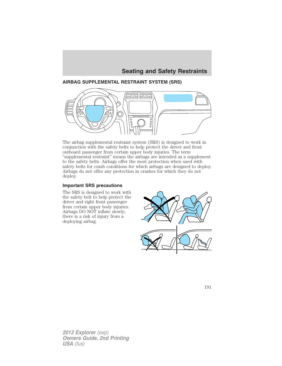 Airbag supplemental restraint system (srs), Important srs precautions, Airbags | Seating and safety restraints | FORD 2012 Explorer v.2 User Manual | Page 191 / 438