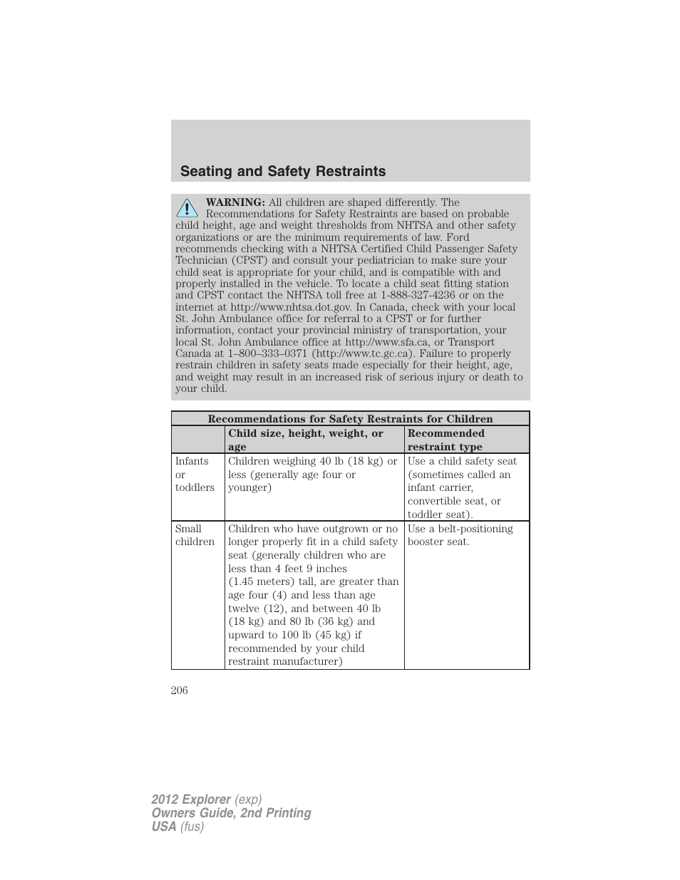 Seating and safety restraints | FORD 2012 Explorer v.2 User Manual | Page 206 / 438