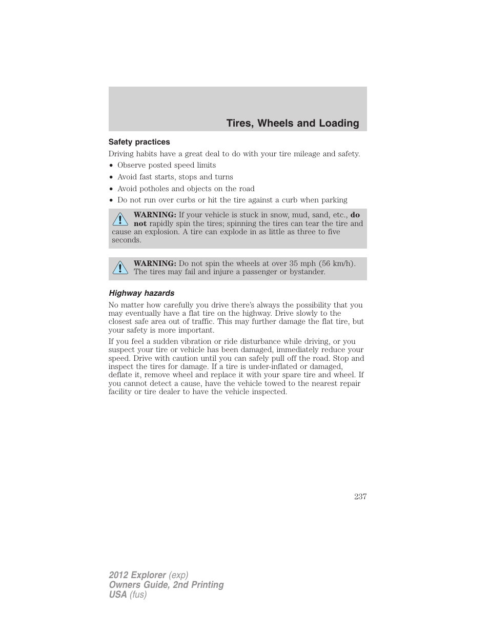 Safety practices, Highway hazards, Tires, wheels and loading | FORD 2012 Explorer v.2 User Manual | Page 237 / 438