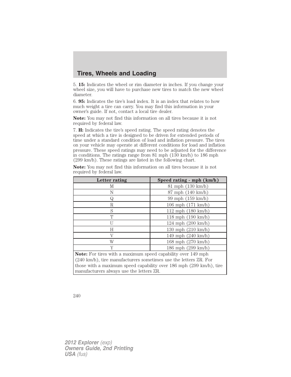 Tires, wheels and loading | FORD 2012 Explorer v.2 User Manual | Page 240 / 438