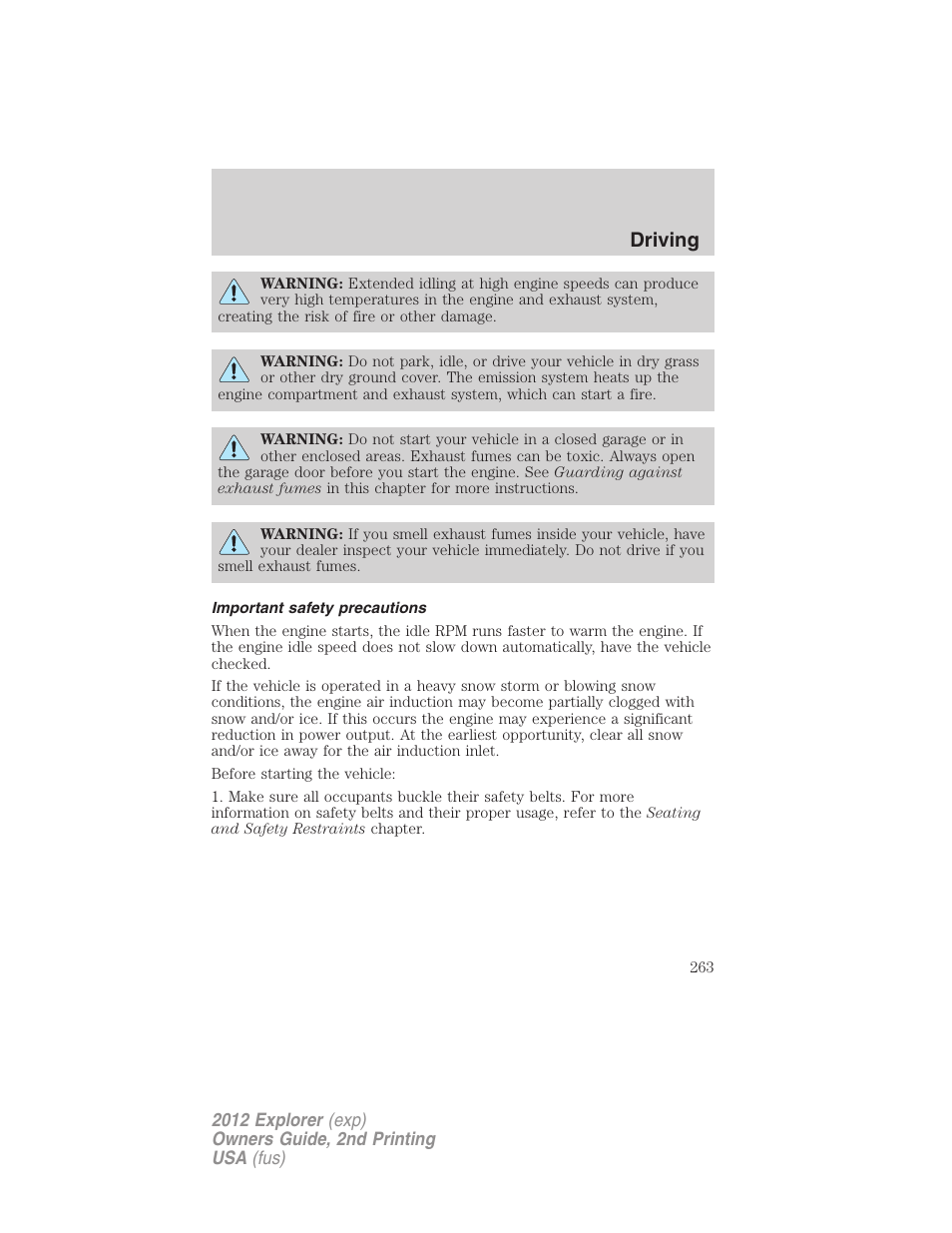 Important safety precautions, Driving | FORD 2012 Explorer v.2 User Manual | Page 263 / 438