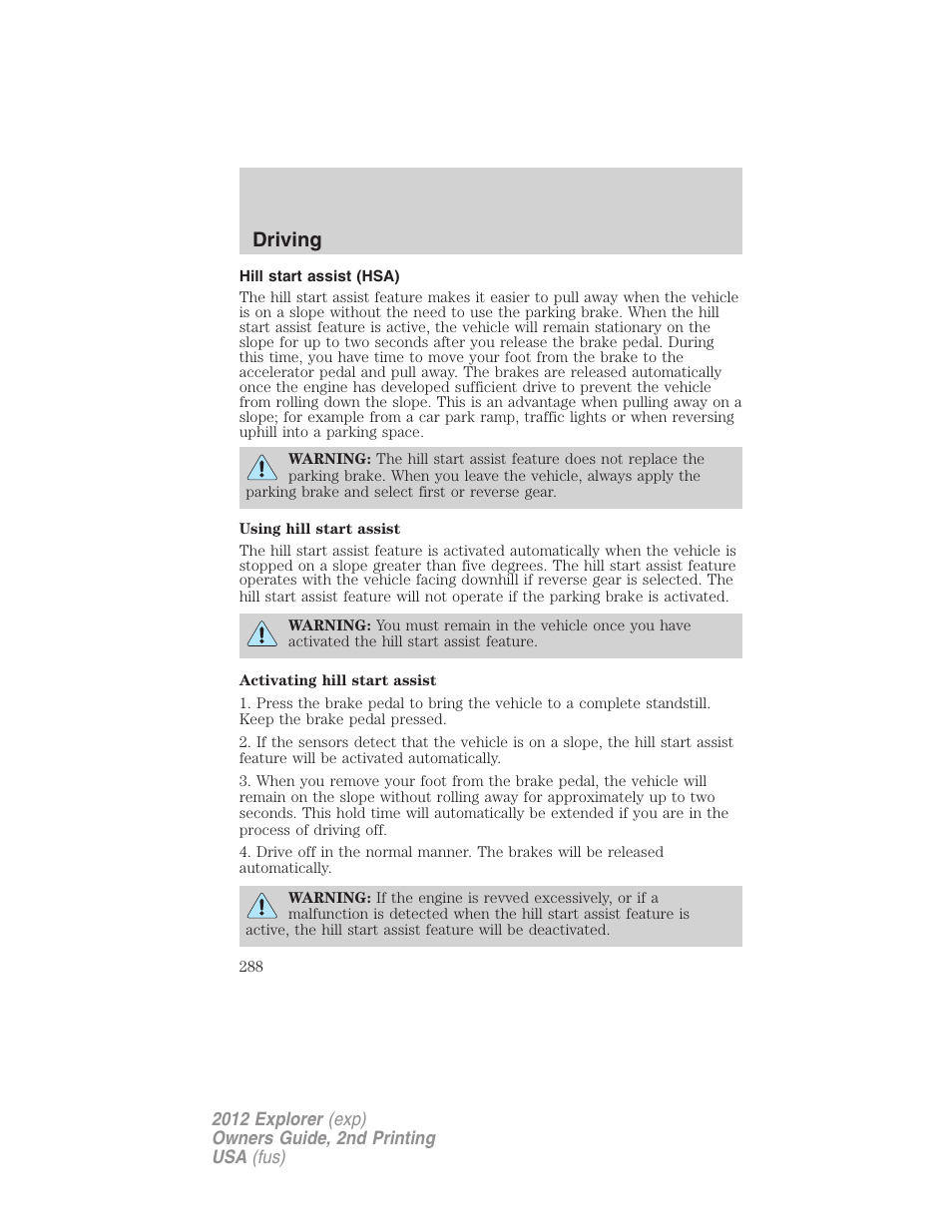 Hill start assist (hsa), Driving | FORD 2012 Explorer v.2 User Manual | Page 288 / 438