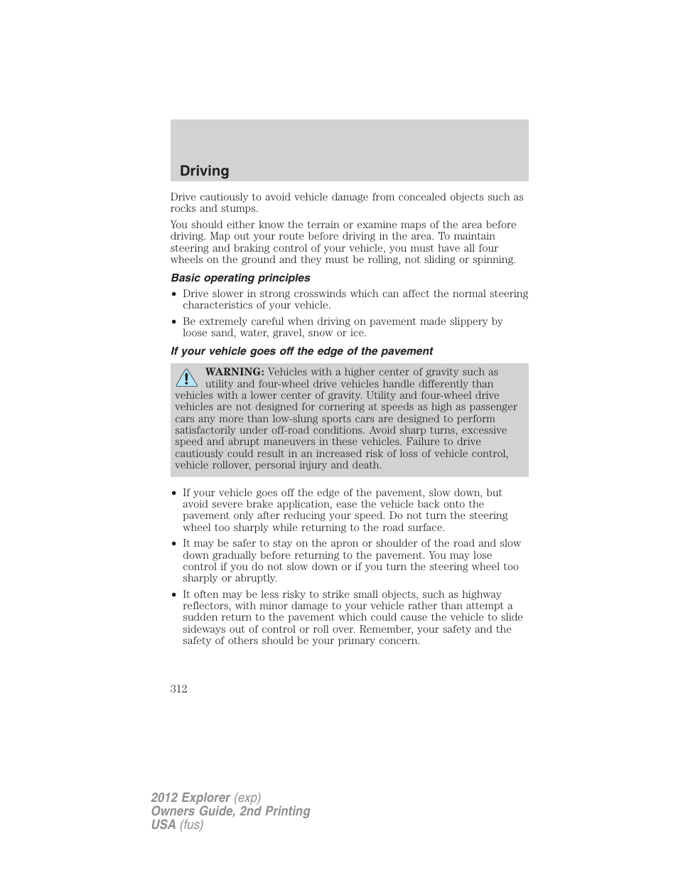 Basic operating principles, If your vehicle goes off the edge of the pavement, Driving | FORD 2012 Explorer v.2 User Manual | Page 312 / 438