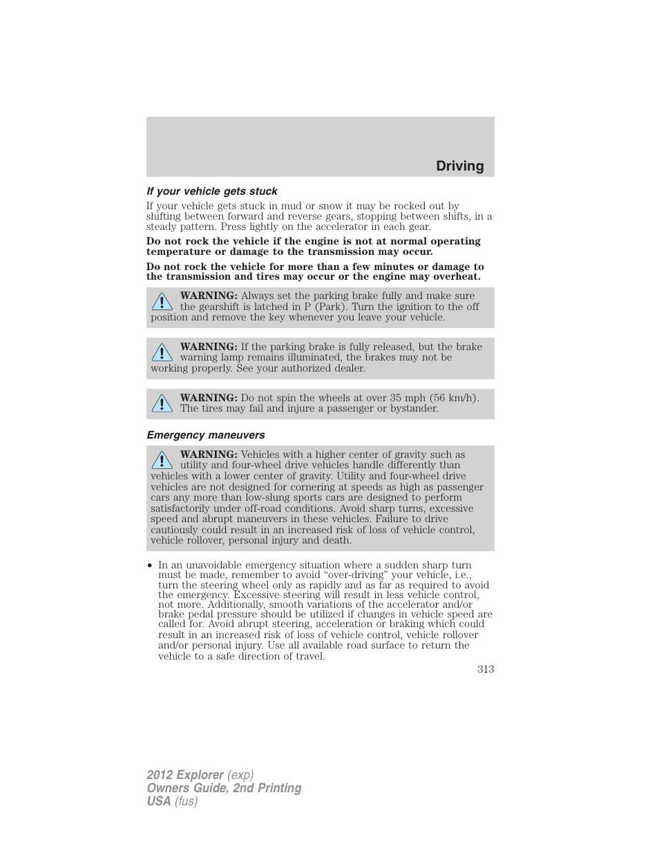 If your vehicle gets stuck, Emergency maneuvers, Driving | FORD 2012 Explorer v.2 User Manual | Page 313 / 438