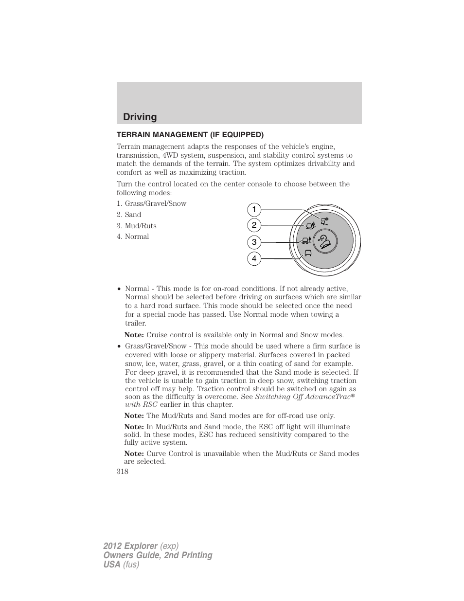 Terrain management (if equipped), Driving | FORD 2012 Explorer v.2 User Manual | Page 318 / 438
