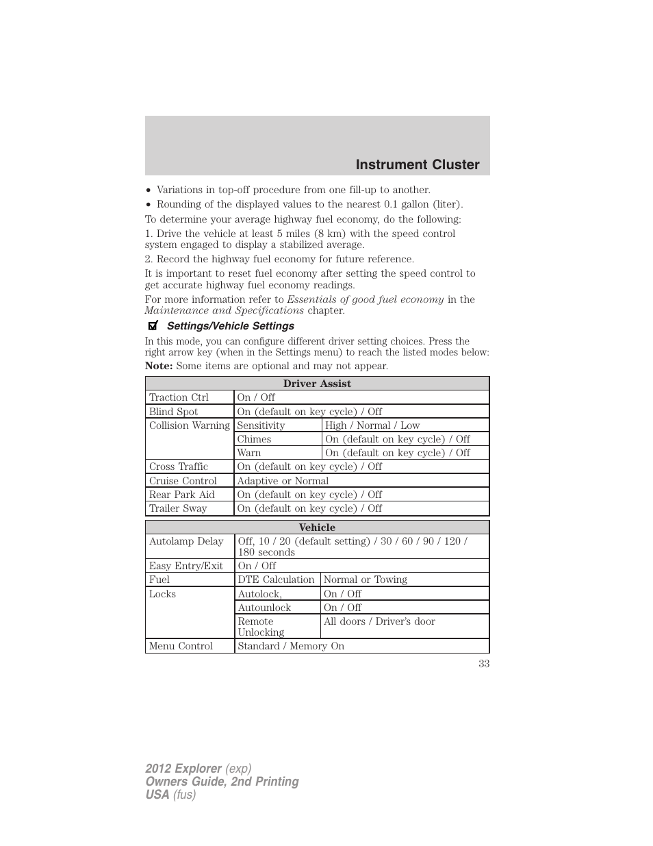 Settings/vehicle settings, Instrument cluster | FORD 2012 Explorer v.2 User Manual | Page 33 / 438