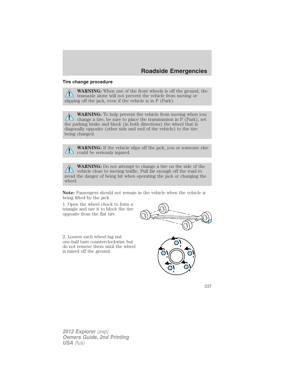 Tire change procedure, Roadside emergencies | FORD 2012 Explorer v.2 User Manual | Page 337 / 438