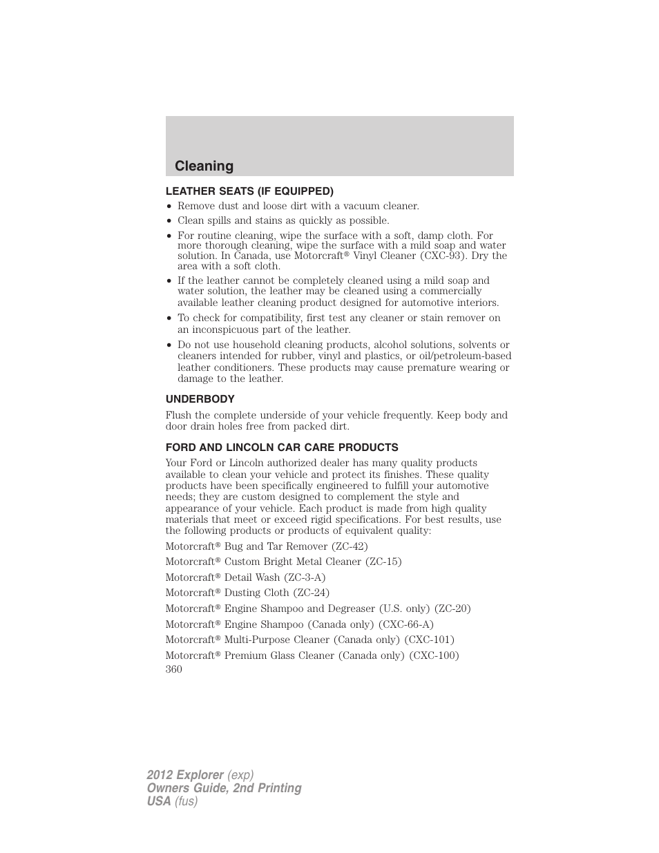 Leather seats (if equipped), Underbody, Ford and lincoln car care products | Cleaning | FORD 2012 Explorer v.2 User Manual | Page 360 / 438