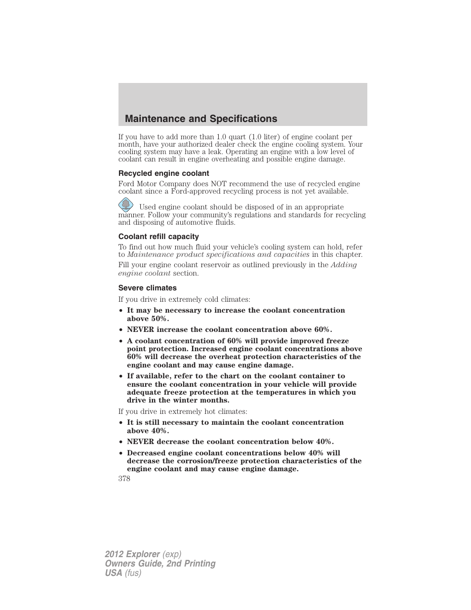 Recycled engine coolant, Coolant refill capacity, Severe climates | Maintenance and specifications | FORD 2012 Explorer v.2 User Manual | Page 378 / 438