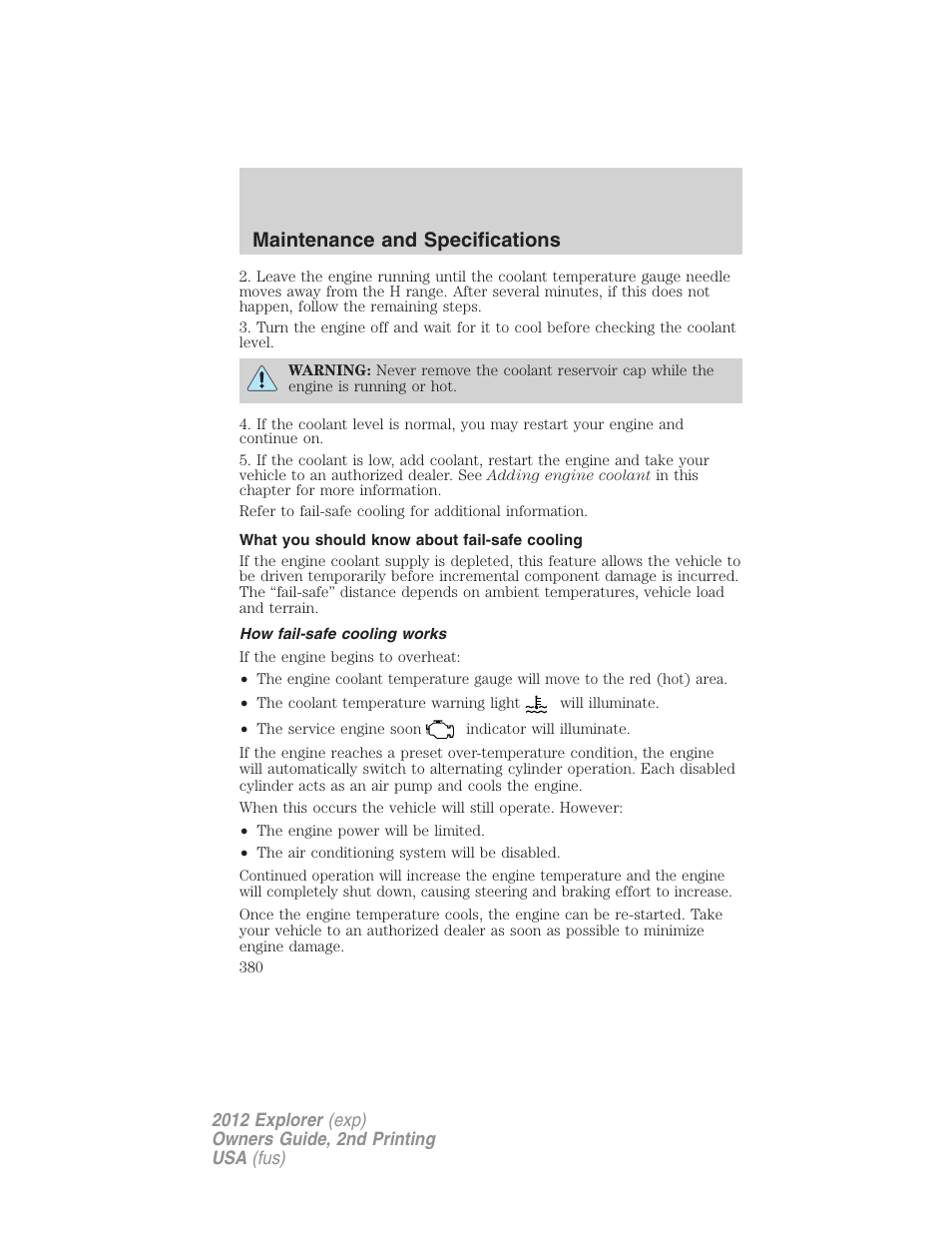 What you should know about fail-safe cooling, How fail-safe cooling works, Maintenance and specifications | FORD 2012 Explorer v.2 User Manual | Page 380 / 438