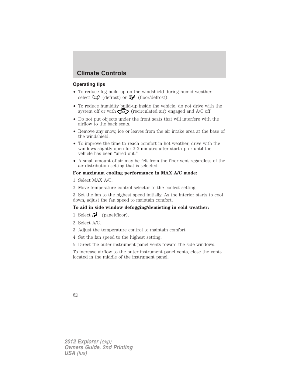 Operating tips, Climate controls | FORD 2012 Explorer v.2 User Manual | Page 62 / 438