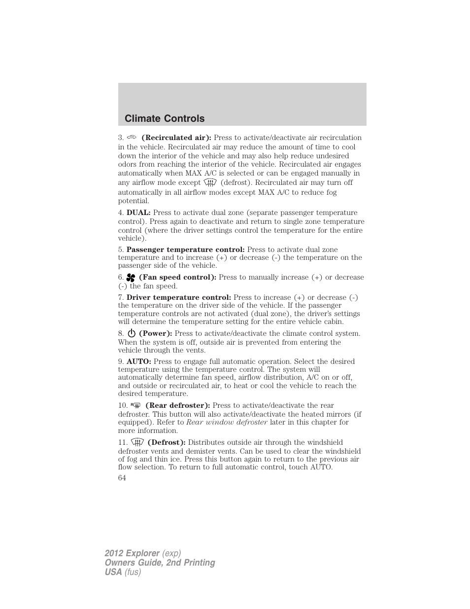 Climate controls | FORD 2012 Explorer v.2 User Manual | Page 64 / 438