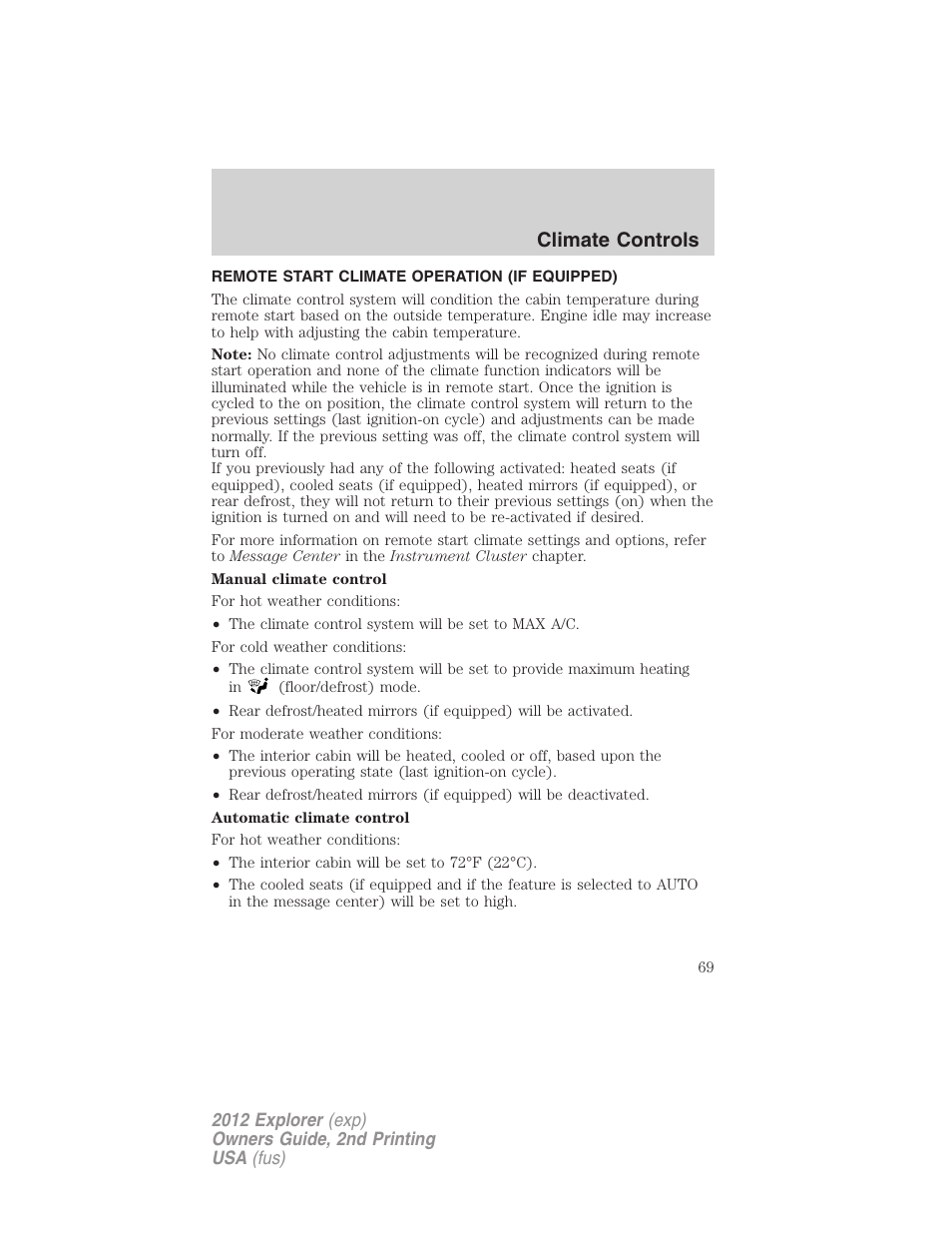 Remote start climate operation (if equipped), Climate controls | FORD 2012 Explorer v.2 User Manual | Page 69 / 438