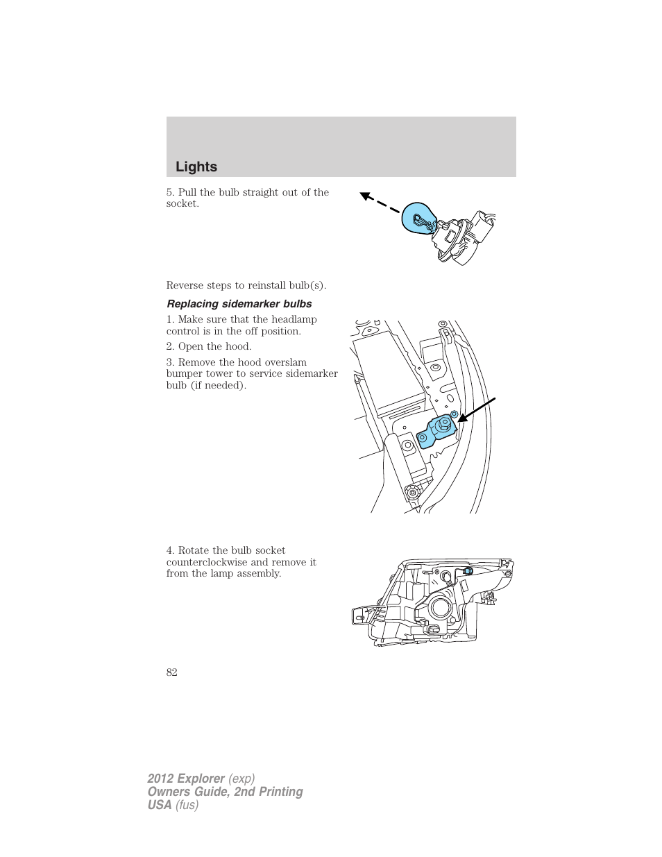 Replacing sidemarker bulbs, Lights | FORD 2012 Explorer v.2 User Manual | Page 82 / 438