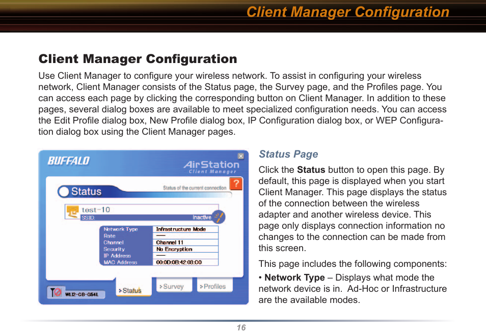 Client manager conﬁguration | Buffalo Technology WLI2-CB-G54L User Manual | Page 16 / 46