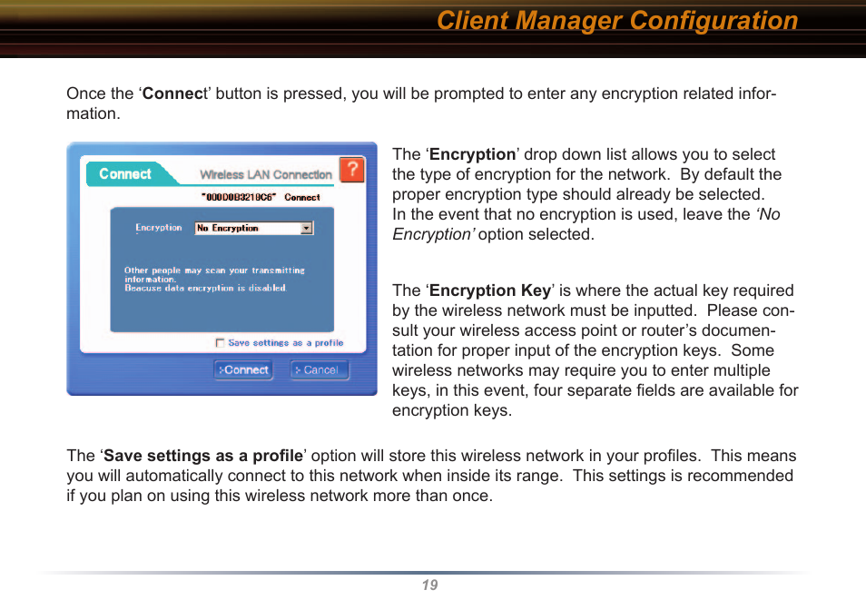 Client manager conﬁguration | Buffalo Technology WLI2-CB-G54L User Manual | Page 19 / 46