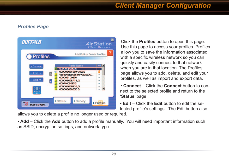 Client manager conﬁguration | Buffalo Technology WLI2-CB-G54L User Manual | Page 20 / 46