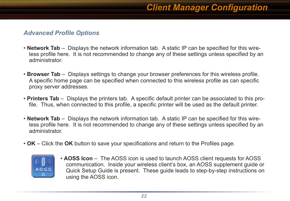 Client manager conﬁguration | Buffalo Technology WLI2-CB-G54L User Manual | Page 22 / 46