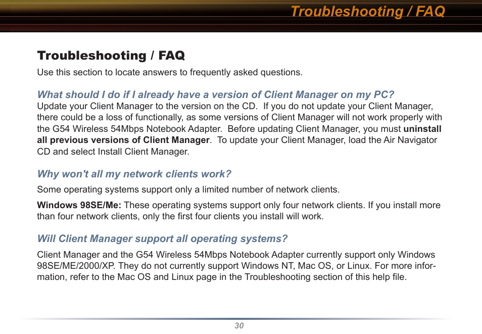 Troubleshooting / faq | Buffalo Technology WLI2-CB-G54L User Manual | Page 30 / 46