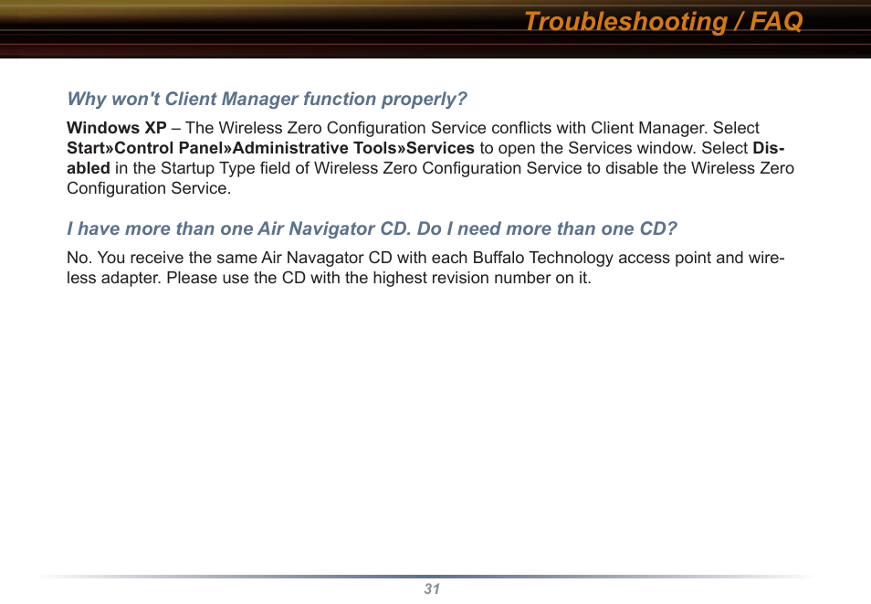 Troubleshooting / faq | Buffalo Technology WLI2-CB-G54L User Manual | Page 31 / 46