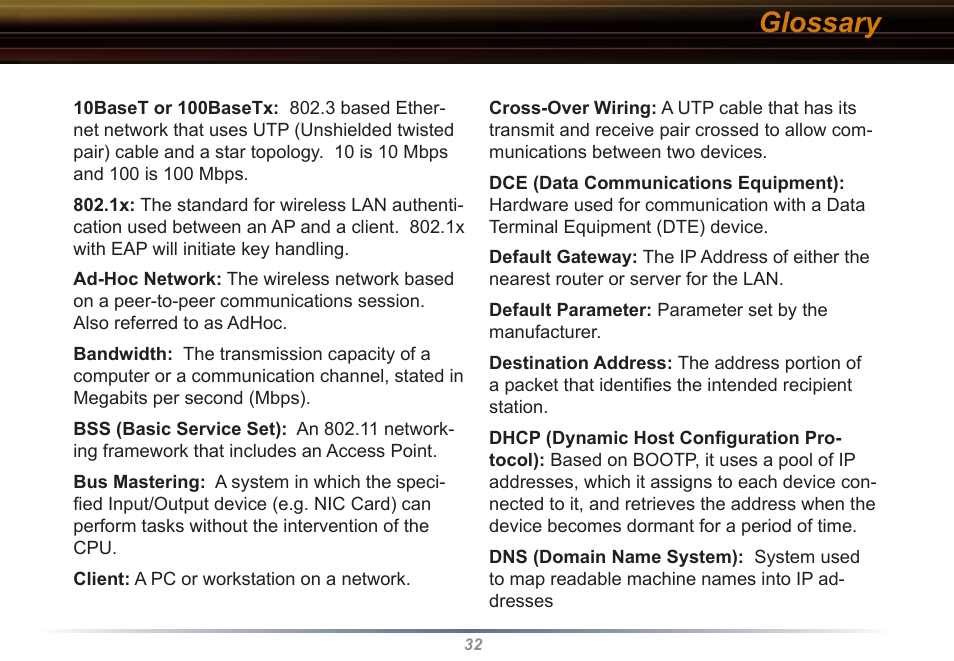 Glossary | Buffalo Technology WLI2-CB-G54L User Manual | Page 32 / 46