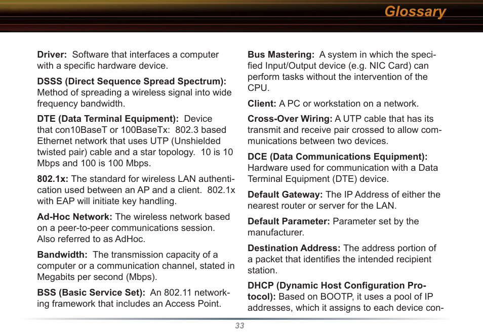 Glossary | Buffalo Technology WLI2-CB-G54L User Manual | Page 33 / 46