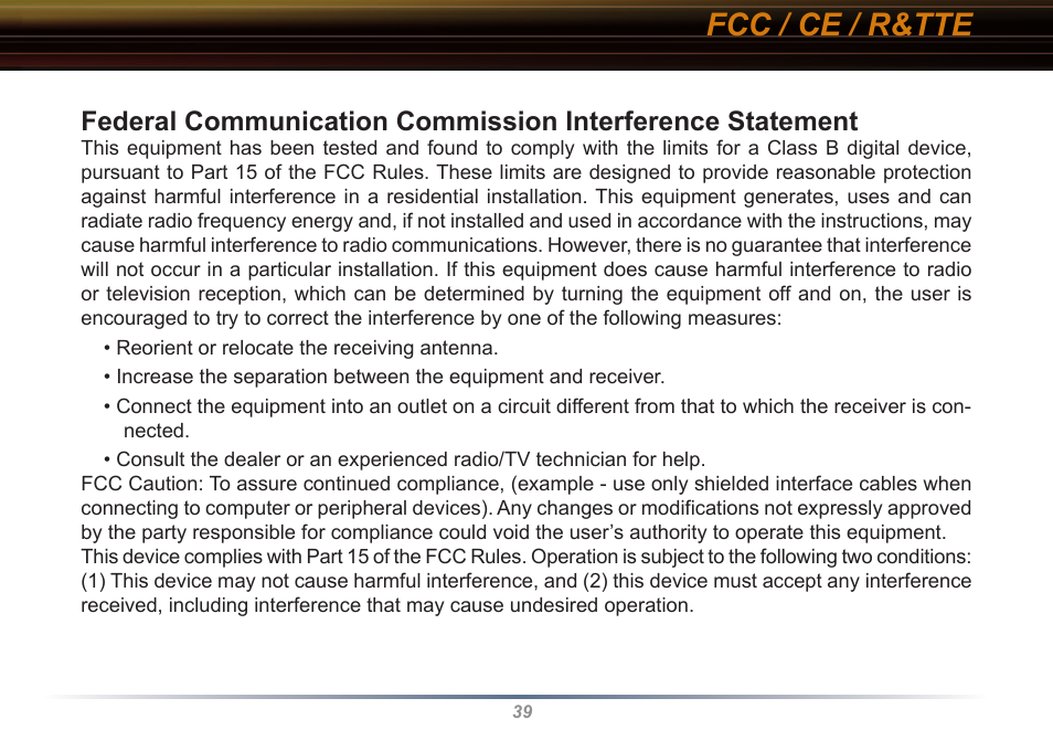 Fcc / ce / r&tte | Buffalo Technology WLI2-CB-G54L User Manual | Page 39 / 46