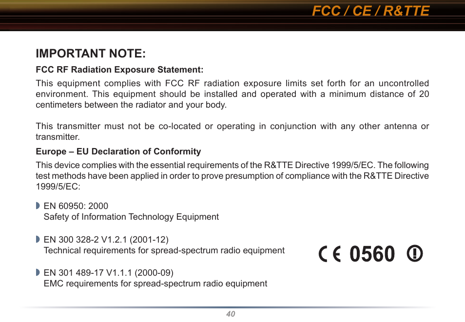 Fcc / ce / r&tte | Buffalo Technology WLI2-CB-G54L User Manual | Page 40 / 46