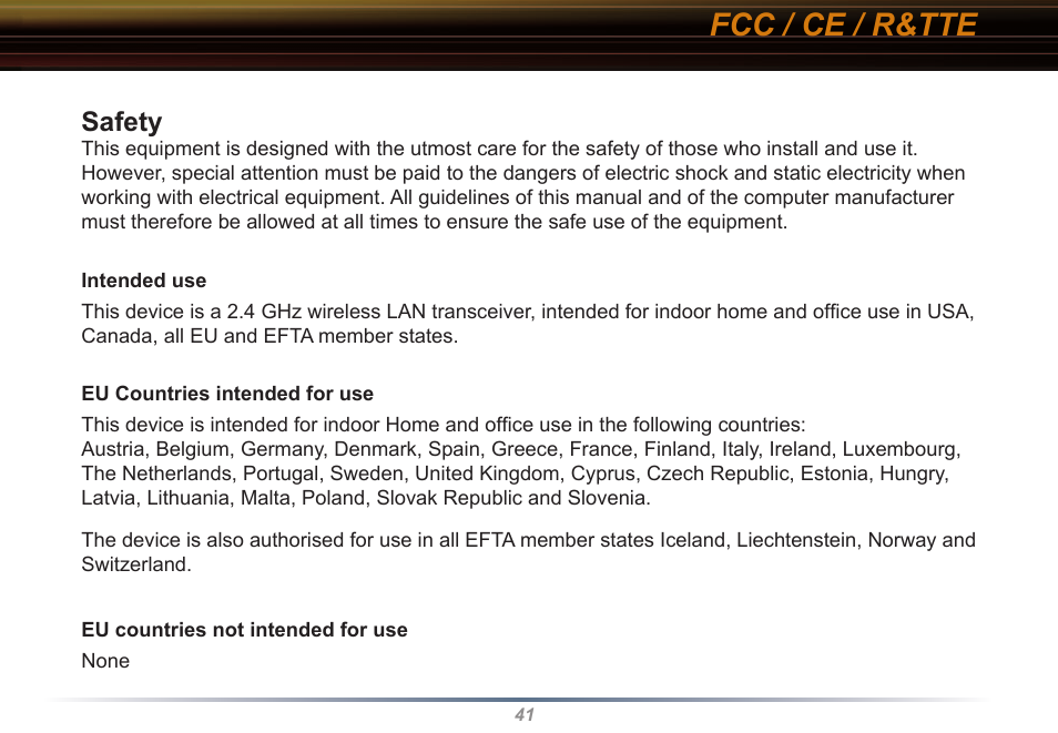 Fcc / ce / r&tte, Safety | Buffalo Technology WLI2-CB-G54L User Manual | Page 41 / 46