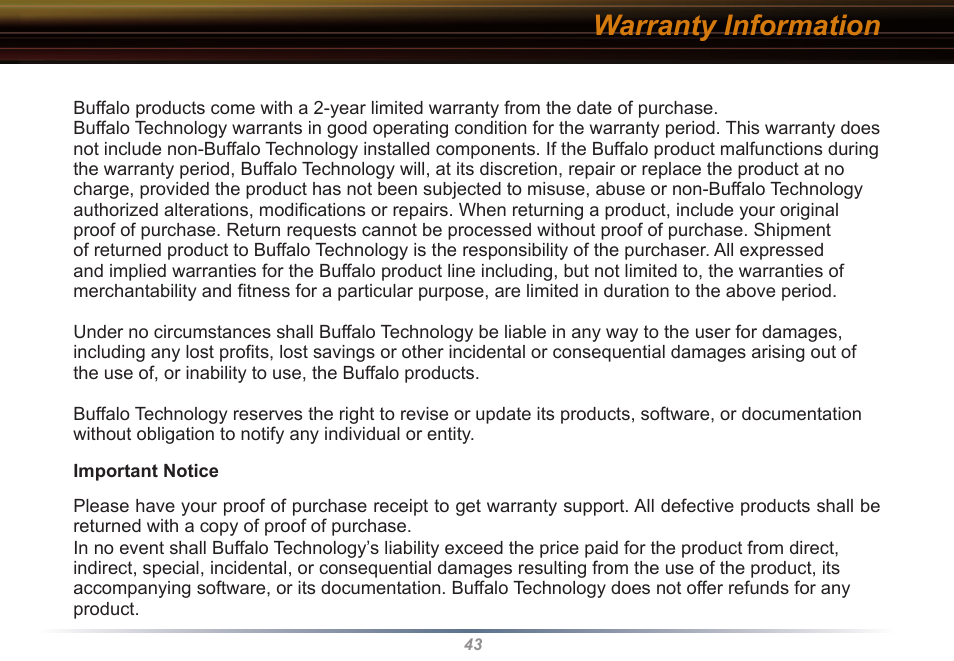 Warranty information | Buffalo Technology WLI2-CB-G54L User Manual | Page 43 / 46