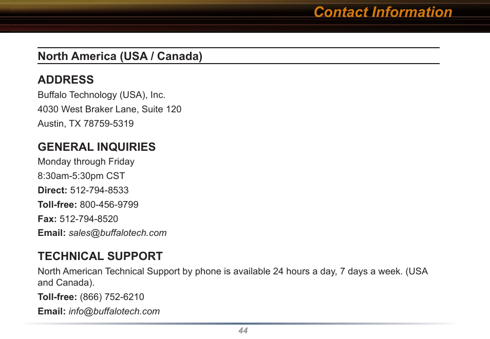 Contact information | Buffalo Technology WLI2-CB-G54L User Manual | Page 44 / 46